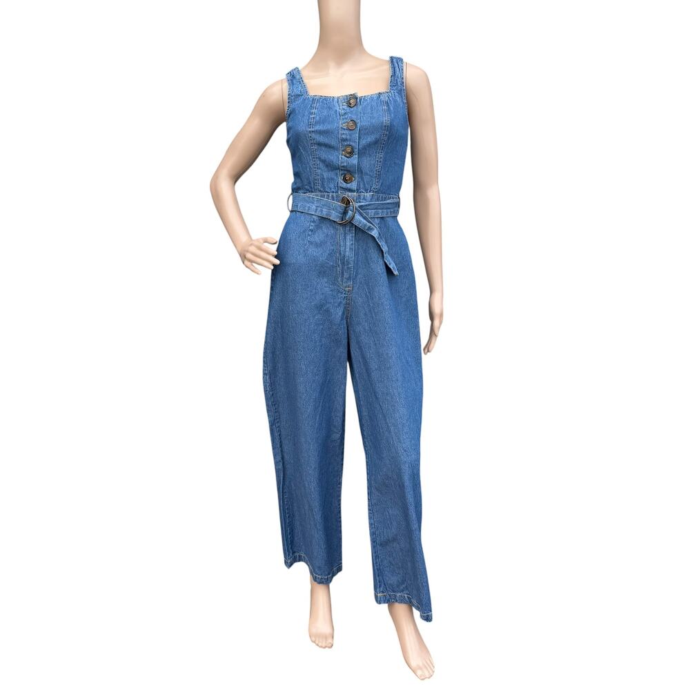 Sincerely Jules Belted Denim Jumpsuit Wide Leg Button Front Medium Wash S NWOT